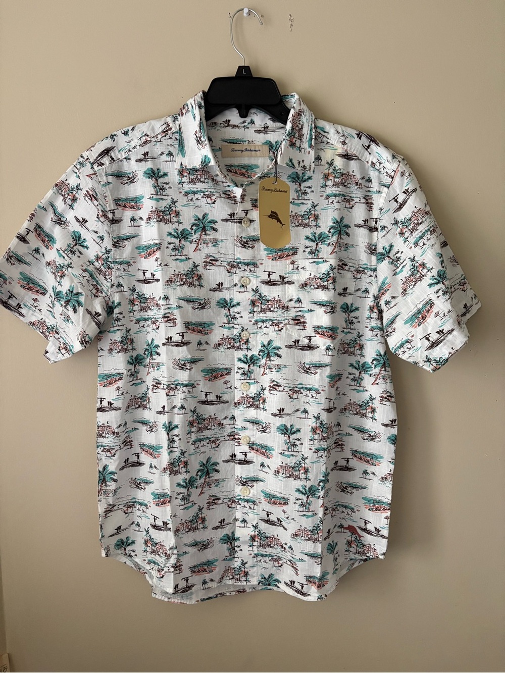 Tommy Bahama White Short-Sleeve Camp Shirt with Teal & Brown Tropical Print Sz.M